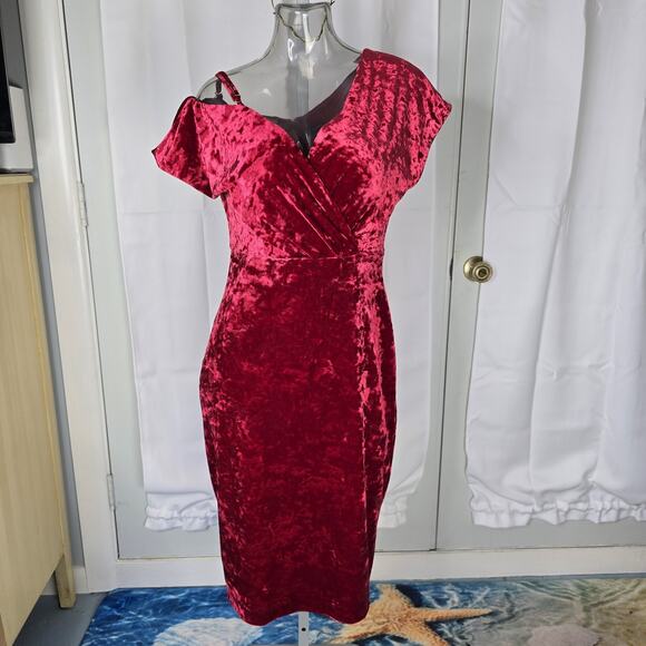 Vintage Inspired Crushed Red Velvet Asymmetrical Dress by Guess Size 8 - Picture 1 of 16